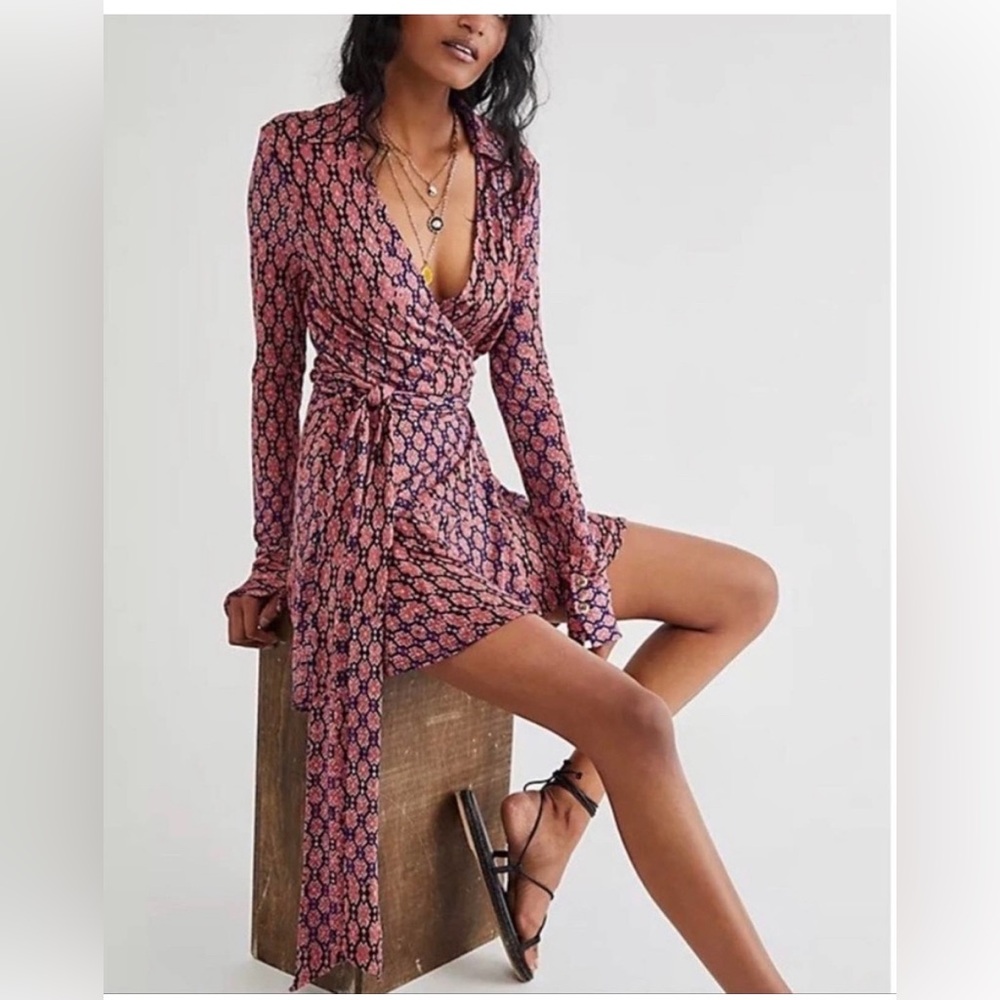 Free People Rhetta Wrap Dress Dark Combo XS Boho Floral Mini Dress